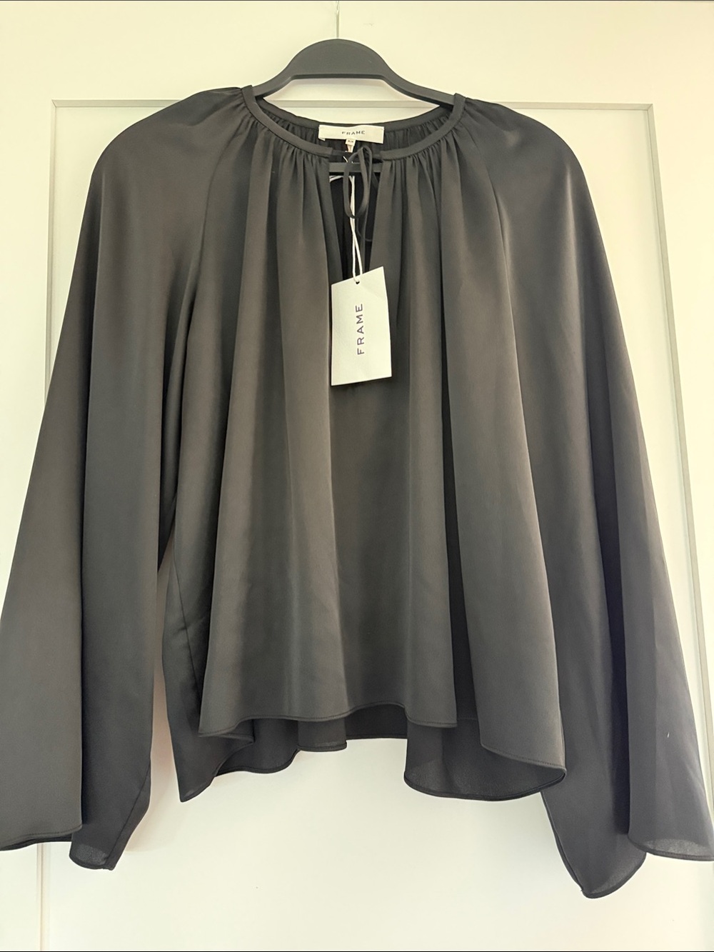 Frame Black Long-Batwing Sleeve Gathered Neck Blouse